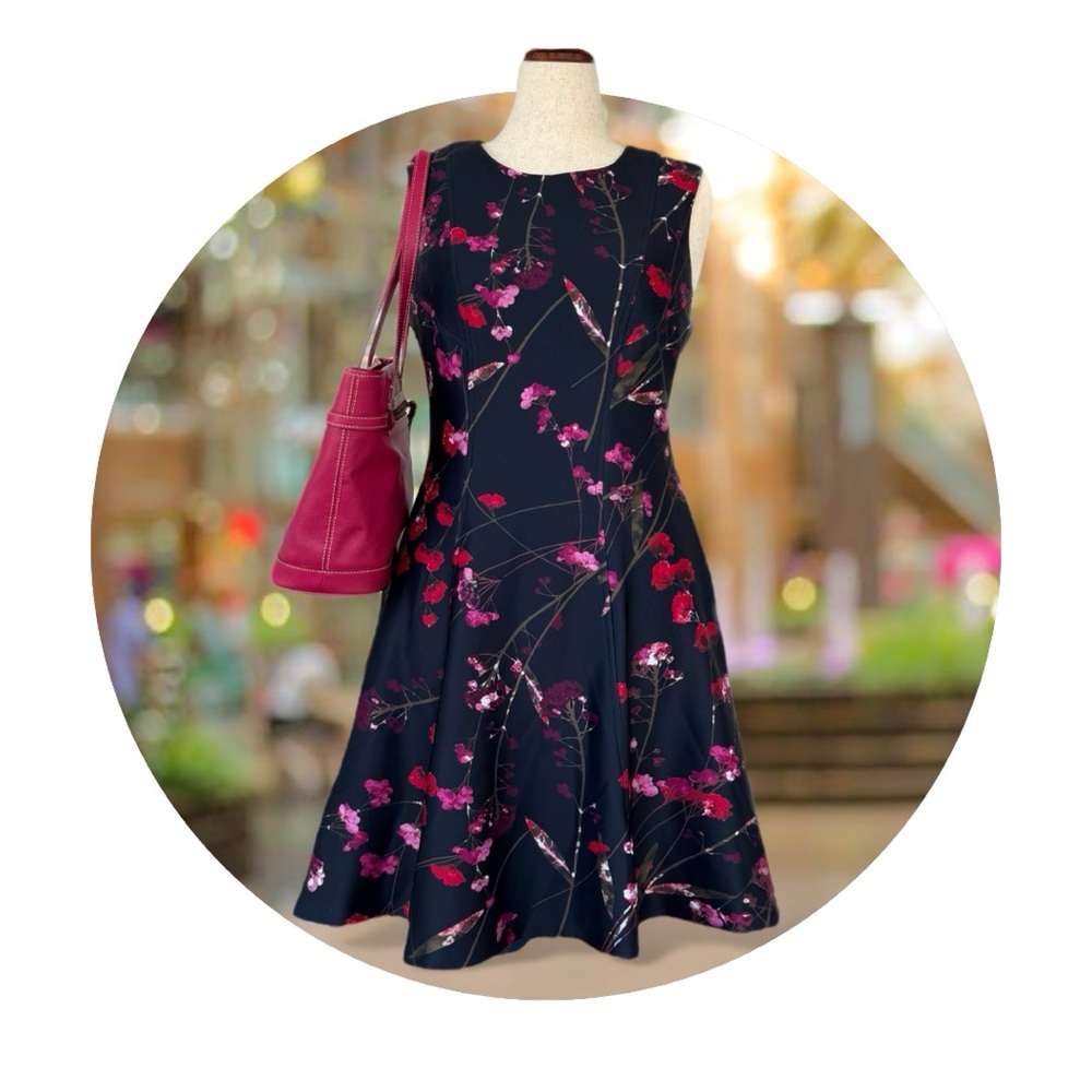 Tommy Hilfigure Floral Motif Paint Splatter Black Casual Fit and Flare Dress